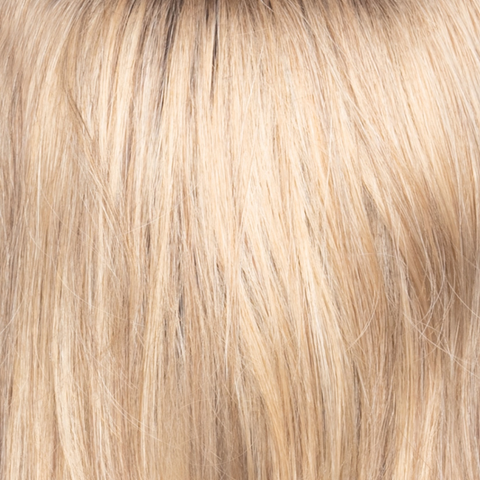 Butter Pecan-R  -  The rooted sister of butter pecan has an additional color of warm chocolate brown placed at the root as a regrowt. This pecan blond which melts into many tones of warmth, runs into a toasted pecan white. The creams throughout it look extremely natural and blend through the length.