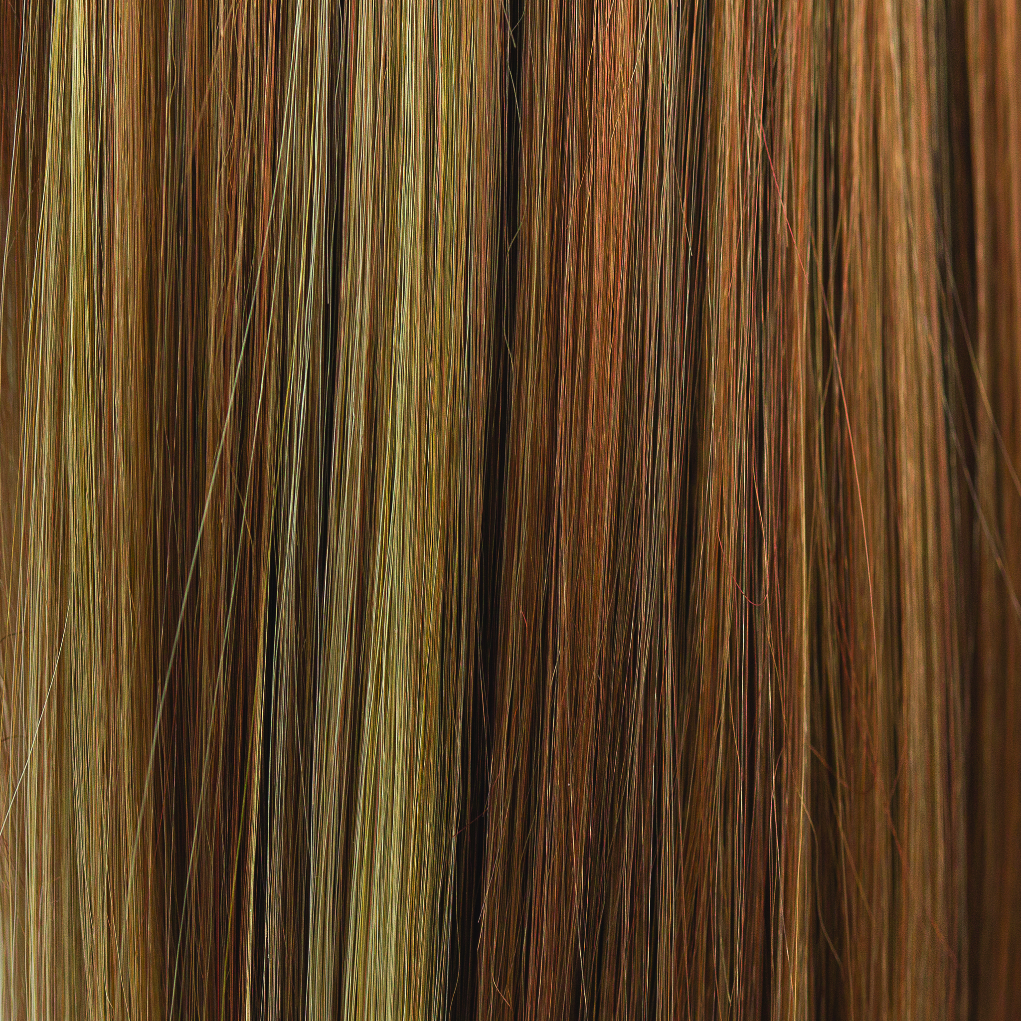 Ginger Snap  -  A highlighted and low-lighted color that has a rich coppery gold brown base, with many contrasting weaves of amber blond, cool coppers and ginger and pine undertones. A color which we adore!