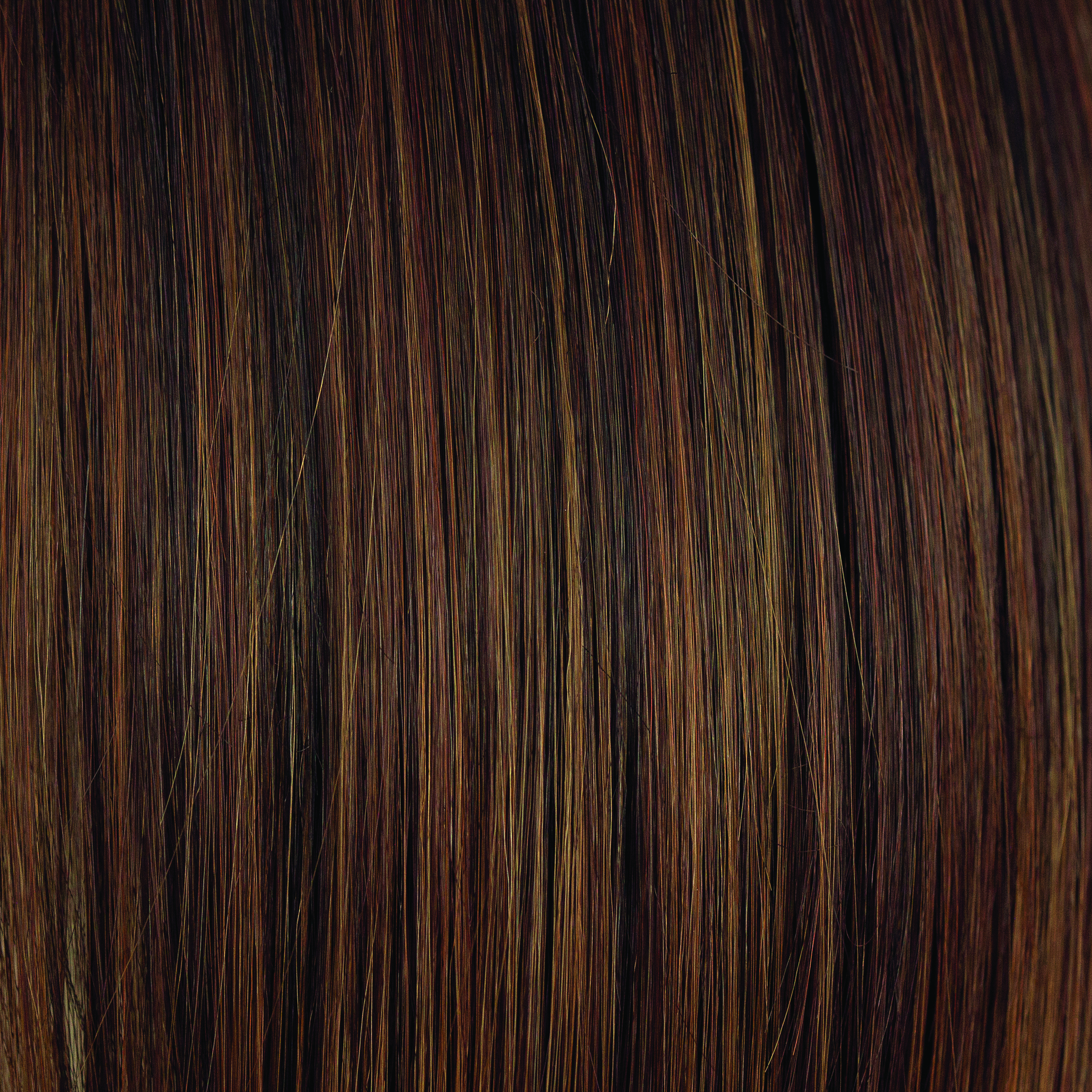 Rum Raisin  -  A blend of deep, dark, garnet brown base with an array of ribbon highlights, medium hazel blonds, and medium mahogany red browns.